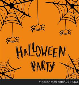 Happy halloween card. Halloween party invitation card lettering design. Vector holiday calligraphy with spider and web on orange background. Happy Halloween concept. For poster, banner, greeting card, invitation.