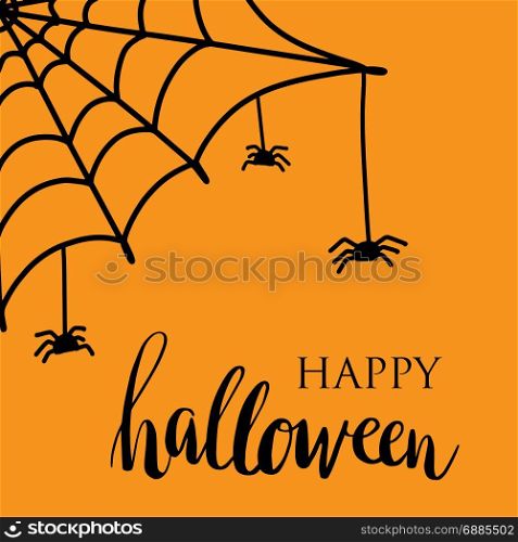Happy halloween card. Happy Halloween lettering design. Vector holiday calligraphy with spider and web on orange background. Happy Halloween concept. For poster, banner, greeting card, invitation.