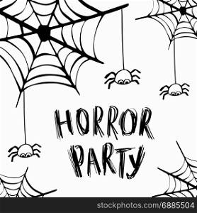 Happy halloween card. Horror Party card lettering design. Vector holiday calligraphy with spider and web on white background. Happy Halloween concept. For poster, banner, greeting card, invitation.