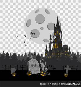 Happy Halloween Card Template Background, Dark Castle Cemetery Bats. Happy Halloween Card Template Background, Dark Castle Cemetery Fog Spooky, Vector Illustration Banner Isolated
