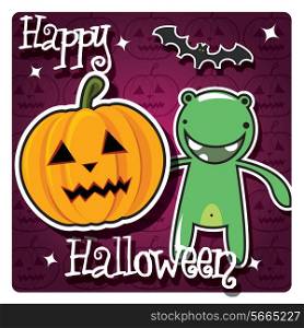 Happy Halloween card with cute monsters, pumpkin