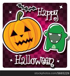 Happy Halloween card with cute monsters, pumpkin
