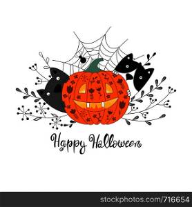 Happy Halloween card with pumpkin and cute cats. Vector illustration.