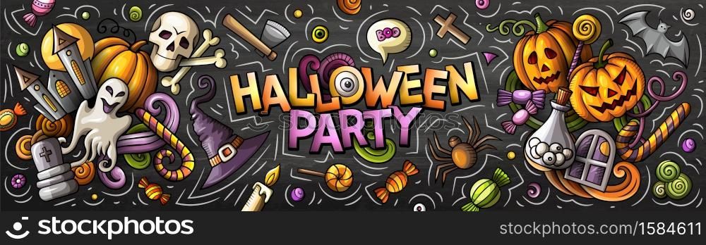 Happy Halloween cartoon vector illustration. October 31. Trick or treat objects and decoration elements. Monster party color isolated illustrations. Website banner template.. Happy Halloween cartoon vector illustration.