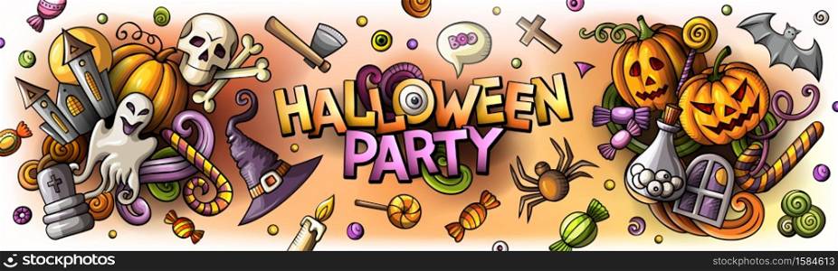 Happy Halloween cartoon vector illustration. October 31. Trick or treat objects and decoration elements. Monster party color isolated illustrations. Website banner template.. Happy Halloween cartoon vector illustration.