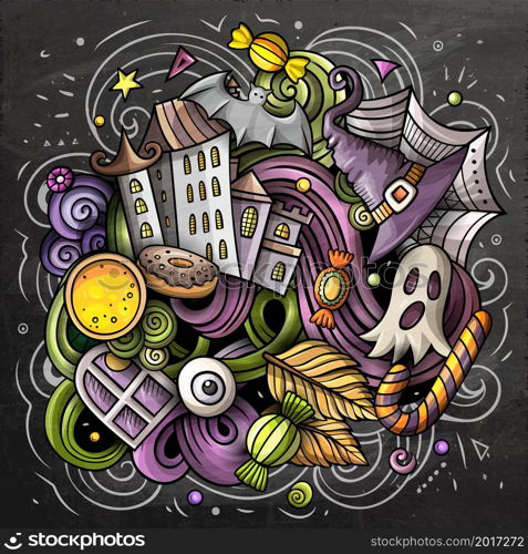 Happy Halloween cartoon vector illustration. October 31. Trick or treat objects and decoration elements. Monster party color isolated illustrations.. Happy Halloween cartoon vector illustration.