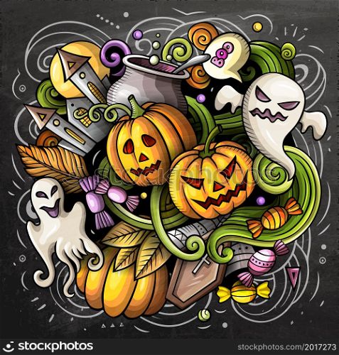 Happy Halloween cartoon vector illustration. October 31. Trick or treat objects and decoration elements. Monster party color isolated illustrations.. Happy Halloween cartoon vector illustration.