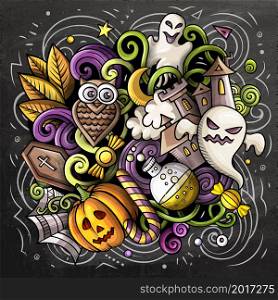 Happy Halloween cartoon vector illustration. October 31. Trick or treat objects and decoration elements. Monster party color isolated illustrations.. Happy Halloween cartoon vector illustration.