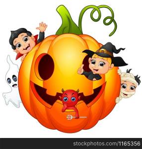 Happy Halloween character in the big pumpkin