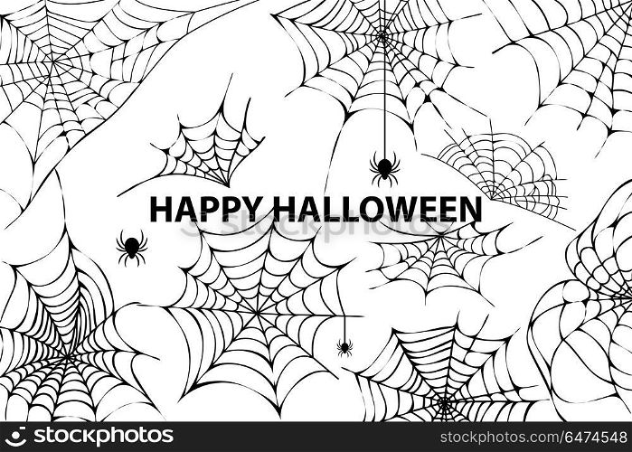 Happy Halloween Cobweb Spiders Vector Illustration. Happy halloween, image representing a lot of cobwebs and spiders in it, as well as the title, placed in centerpiece vector illustration