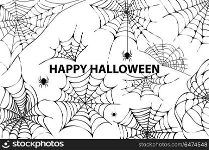 Happy Halloween Cobweb Spiders Vector Illustration. Happy halloween, image representing a lot of cobwebs and spiders in it, as well as the title, placed in centerpiece vector illustration