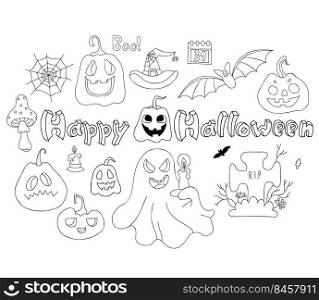 Happy Halloween collection. Linear hand drawn doodle pumpkin Jack, ghost, bat and cobweb, graveyard, grave and magical fly agaric. Vector Isolated elements for decor, design and decoration