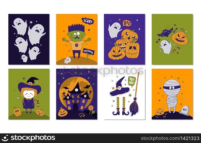 Happy Halloween collection! Set of 8 greeting cards with Halloween objects (mummy, witch, castle, skull, bat, hat, pumpkin, candy, ghost, and etc).