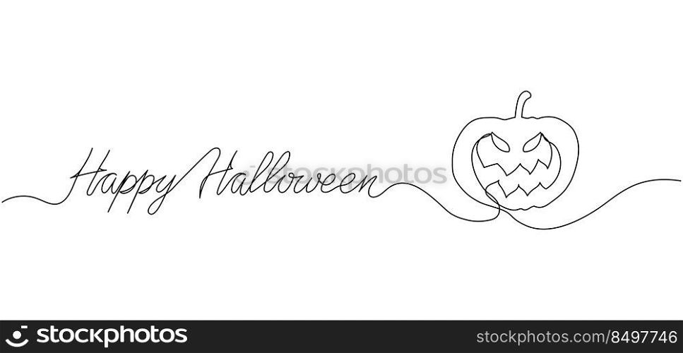 Happy Halloween continuous one line drawing background. Pumpkins with scary smiling face. Vector illustration for design poster, banner, flyer.