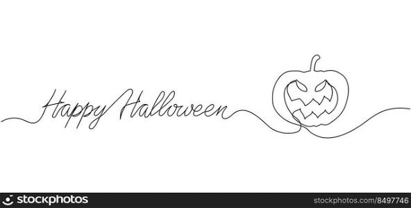 Happy Halloween continuous one line drawing background. Pumpkins with scary smiling face. Vector illustration for design poster, banner, flyer.