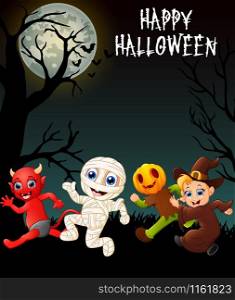 Happy halloween costumes with red devil, mummy, pumpkin costume and little witch