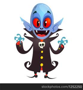 Happy Halloween. Count Dracula wearing black and red cape. Cute cartoon vampire character with big open mouth, tongue, fangs. Flat design. Vector illustration