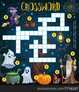 Happy halloween crossword grid puzzle with cartoon sorcerer, witch and pumpkin. Word puzzle game, kids riddle or educational playing activity worksheet with magic potion cauldron, cobweb and ghost. Halloween crossword grid puzzle, word puzzle game