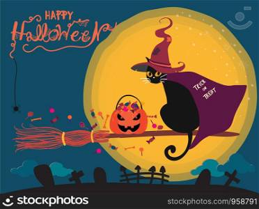 Happy Halloween cute black cat with witch hat and cape riding on a witch broom over the moon and cemetery
