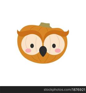 Happy Halloween cute cartoon pumpkin with owl face. Halloween party decor for children. Childish print for cards, stickers, invitation, nursery decoration. Vector illustration.