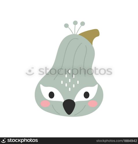 Happy Halloween cute cartoon pumpkin with peacock face. Halloween party decor for children. Childish print for cards, stickers, invitation, nursery decoration. Vector illustration.