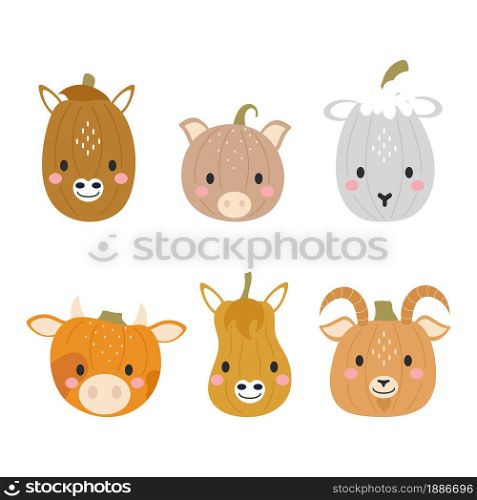 Happy Halloween cute collection of cartoon pumpkins with animal faces. Halloween party decor for children. Childish print for cards, stickers, invitation, nursery decoration. Vector illustration.