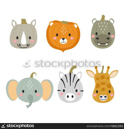 Happy Halloween cute collection of cartoon pumpkins with animal faces. Halloween party decor for children. Childish print for cards, stickers, invitation, nursery decoration. Vector illustration.