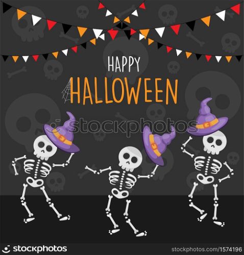 Happy Halloween dancing skeletons cartoon background, vector illustration
