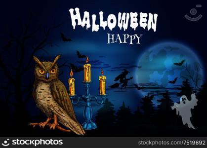 Happy Halloween dark greeting card with vector elements of full moon night, black haunted forest, night owl and flying bats with spooky ghost, witch on broom. Happy Halloween dark greeting card