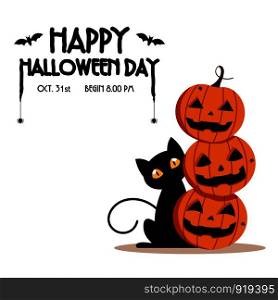 Happy Halloween Day , Bat and spider on text , Cute pumpkin smile spooky scary but cute and black cat party isolated on white background , vector illustration , sign element