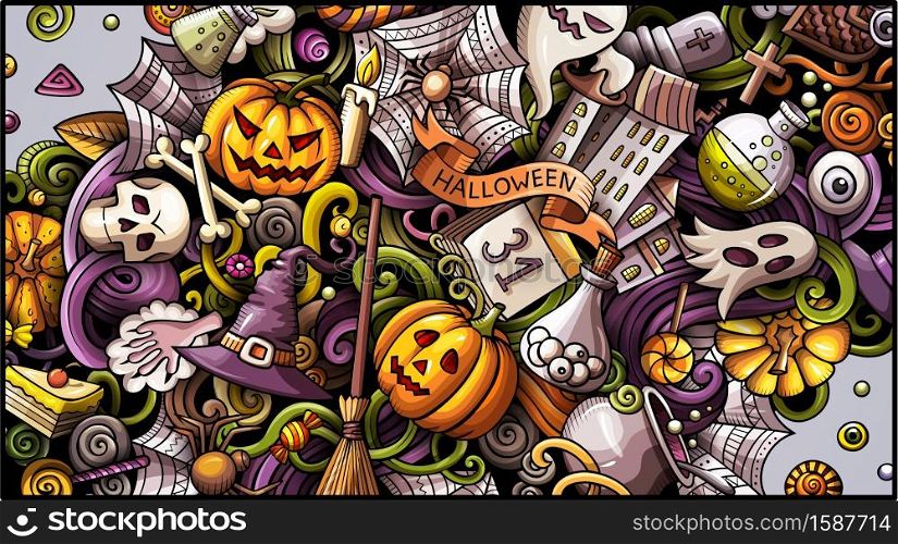 Happy Halloween day doodle banner design. Cartoon background. Celebration flyer template. Color vector holiday illustration. Happy Halloween day doodle illustration