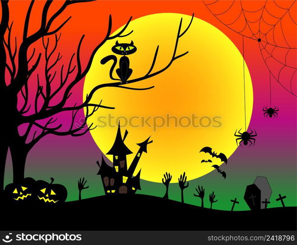 Happy halloween design background with castle, bats, cat, pumpkins, cemetery. Vector illustration.