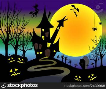 Happy halloween design background with castle, bats, witch, pumpkins, cemetery. Vector illustration.