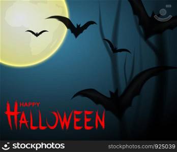 Happy Halloween . Design with bats and moon on night background. . for banner, poster, greeting card, party invitation. vector.