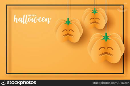 Happy Halloween. Design with pumpkin hanging on orange background. paper art style. Vector.