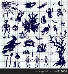 Happy Halloween designs set with various elements of holiday.drawn on notebook sheet style. Stock vector illustration. Happy Halloween designs set with various elements of holiday