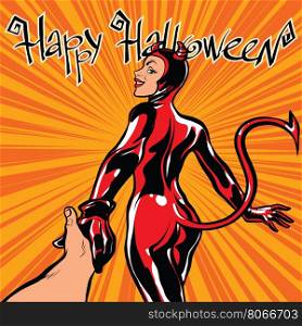 Happy Halloween devil girl follow me, pop art retro vector illustration. Carnival and celebration