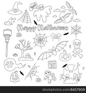 Happy Halloween doodle set. Jack pumpkin and skull with bones, ghost, bat and cobweb, grave and ritual magic voodoo doll, witch hat and broom. Vector isolated outline elements for decor and design 