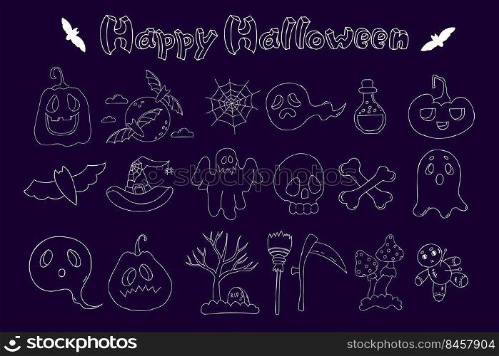 Happy Halloween doodles. Jack pumpkin, ghost, bat and skull and crossbones, grave, voodoo doll, witch hat, scythe, broom and potion. Vector isolated outline elements. White line on dark background