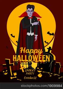 Happy Halloween Dracula invites to party on cemetery, crosses, graves, scary pumpkins, moon, night, silhouettes of flying bats. Vector illustration cartoon style poster isolated. Happy Halloween Dracula invites to party on cemetery, crosses, graves, scary pumpkins, moon, night, silhouettes of flying bats. Vector illustration cartoon style poster