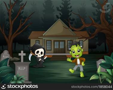 Happy halloween frankenstein and grim reaper in front of the house