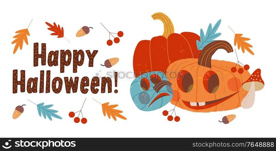 Happy Halloween. Funny and scary pumpkins. Vector holiday illustration, greeting card. On white background.. Happy Halloween. Vector holiday illustration with scary pumpkins.