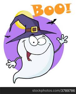 Happy Halloween Ghost Flying In Night And Text Boo!