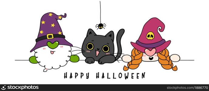 Happy Halloween Gnome and cat, flat cartoon character doodle outline