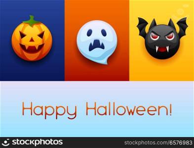 Happy Halloween greeting card. Celebration party banner with angry stylized characters.. Happy Halloween greeting card.