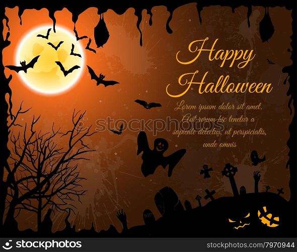 Happy Halloween Greeting Card. Elegant Design With Bats, Spooky, Grave, Cemetery, Tree and Moon Over Orange Grunge Starry Sky Background With Ink Blots. Vector illustration.