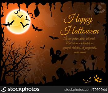 Happy Halloween Greeting Card. Elegant Design With Bats, Spooky, Grave, Cemetery, Tree and Moon Over Orange Grunge Starry Sky Background With Ink Blots. Vector illustration.