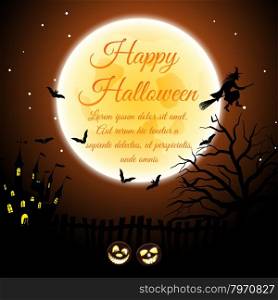 Happy Halloween Greeting Card. Elegant Design With Castle, Bats, Owl, Fency, Tree, Moon and Pumpkin Over Orange Background. Vector illustration.