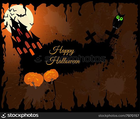 Happy Halloween Greeting Card. Elegant Design With Castle, Bats, Owl, Grave and Cemetery, Tree Over Grunge Orange Background With Ink Blots. Vector illustration.