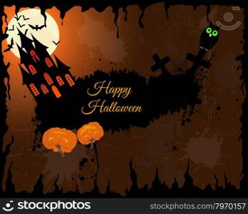 Happy Halloween Greeting Card. Elegant Design With Castle, Bats, Owl, Grave and Cemetery, Tree Over Grunge Orange Background With Ink Blots. Vector illustration.